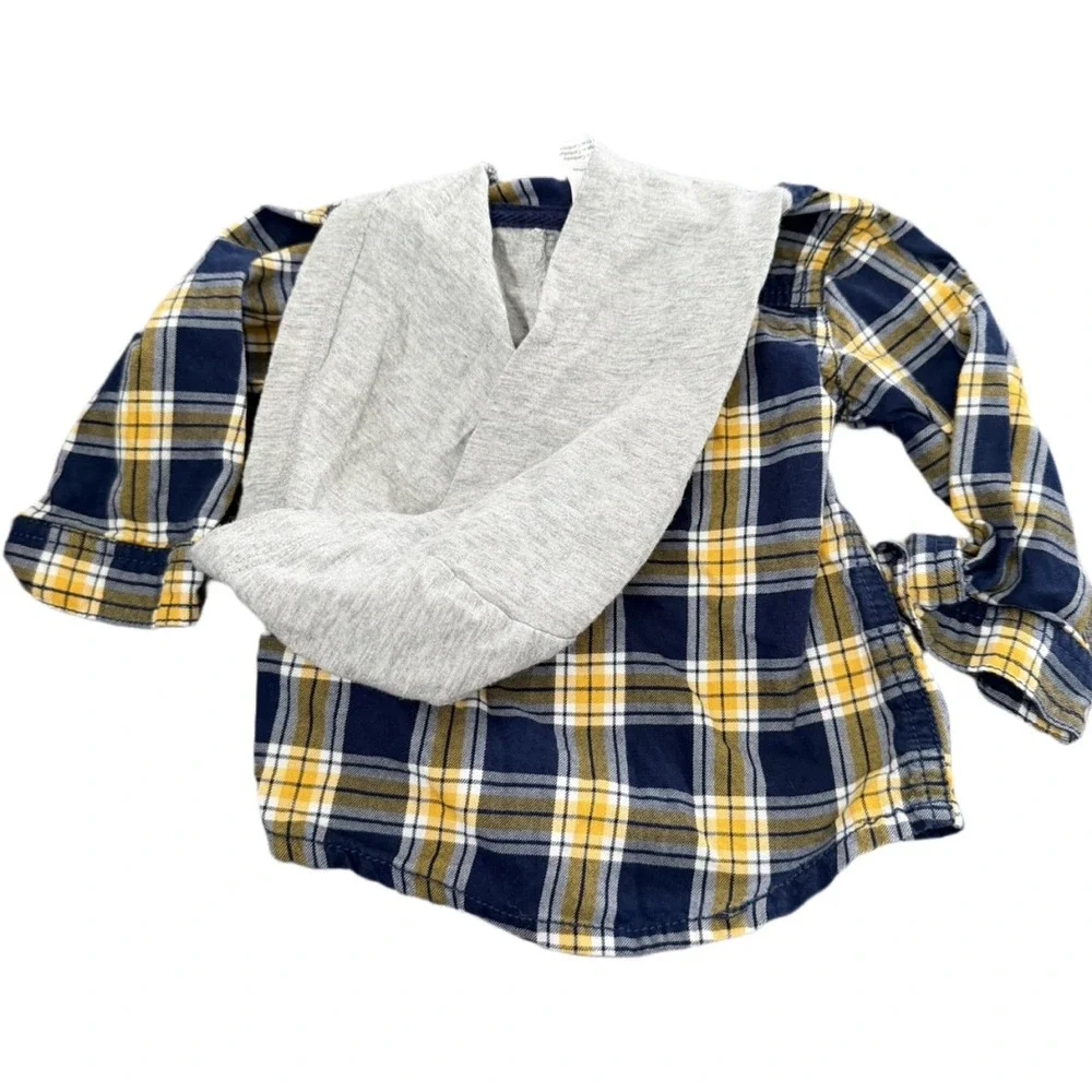 Carter's Baby Boy 9M Plaid Hooded Shirt Navy Yellow Flannel Button Down